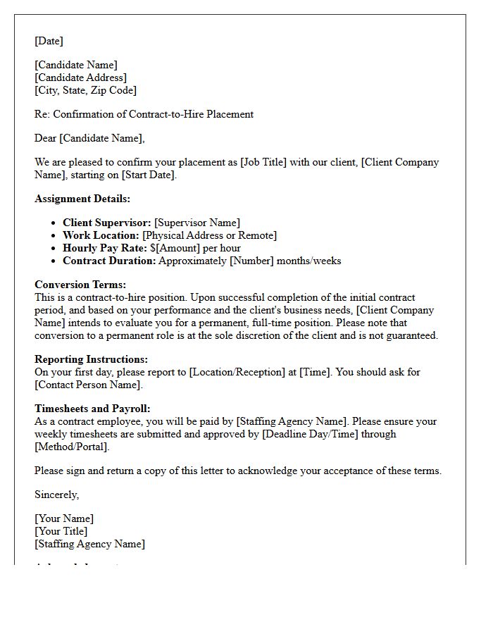 Standard Contract-to-Hire Candidate Placement Confirmation Letter