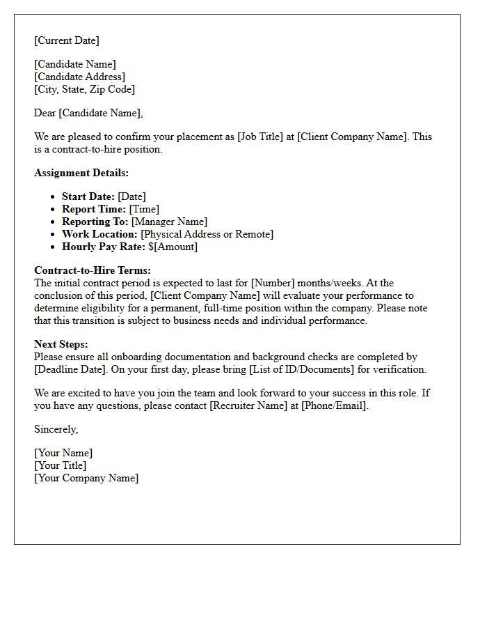 Start Date and Contract-to-Hire Placement Confirmation Letter