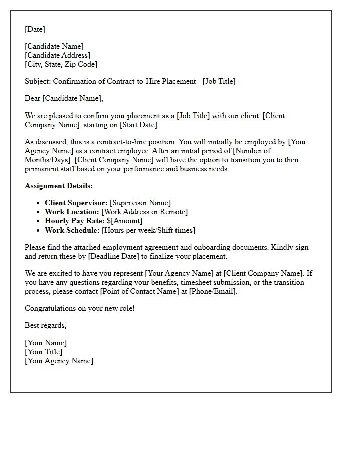 Successful Contract-to-Hire Candidate Placement Confirmation Letter