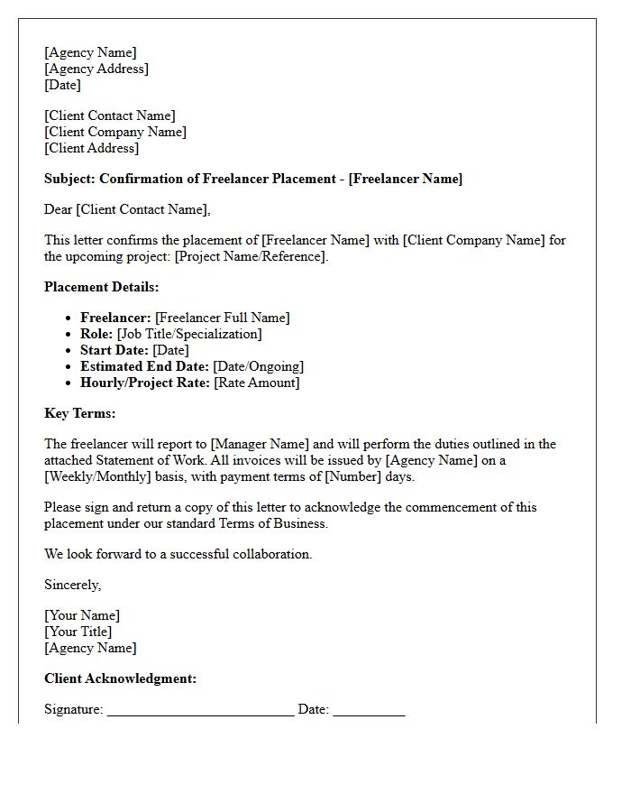 Agency to Client Freelancer Placement Confirmation Letter