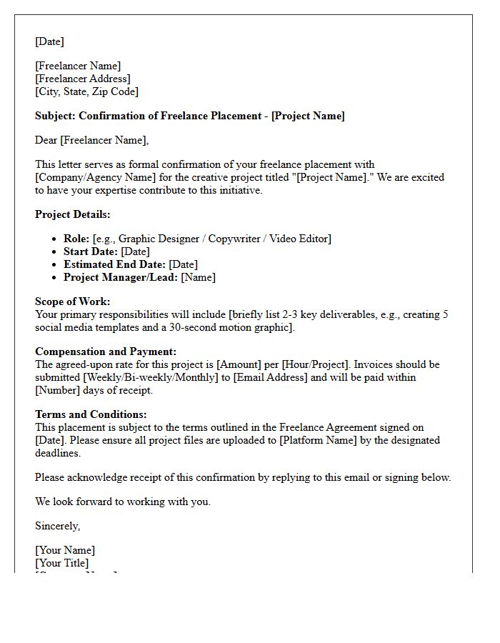 Creative Project Freelance Placement Confirmation Letter