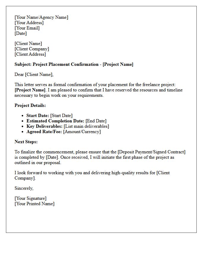 Freelance Project Client Placement Confirmation Letter