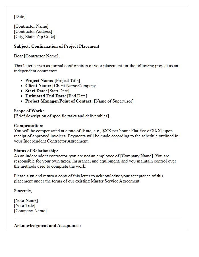 Independent Contractor Project Placement Confirmation Letter