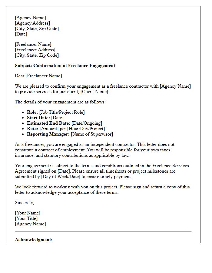 Recruitment Agency Freelancer Engagement Confirmation Letter