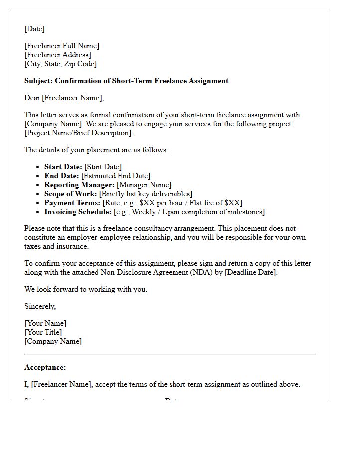 Short-Term Freelance Assignment Placement Confirmation Letter