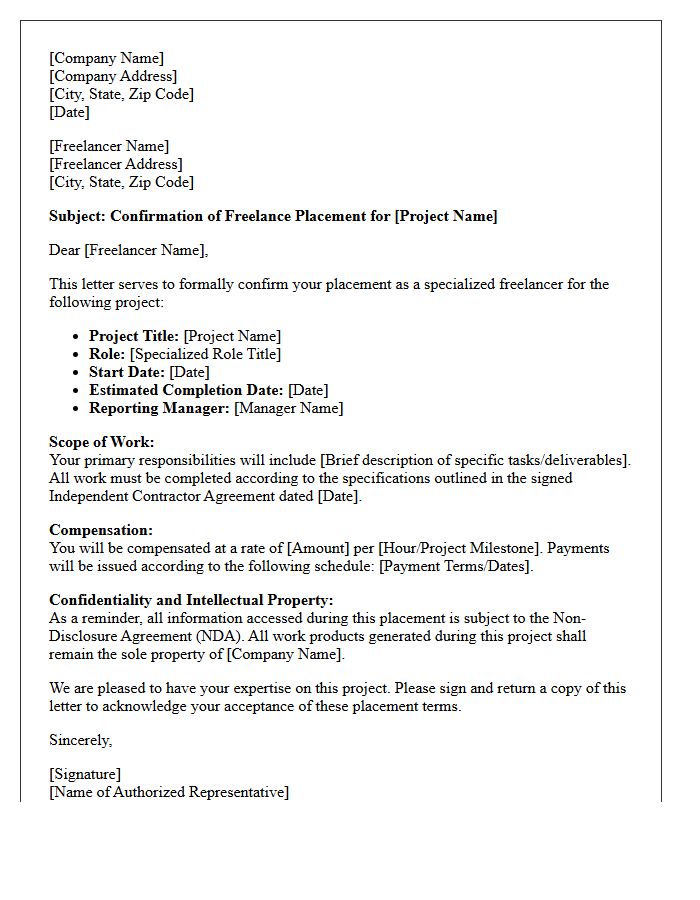 Specialized Project Freelancer Placement Confirmation Letter