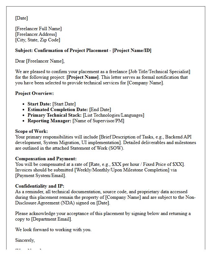 Technical Freelance Project Placement Confirmation Letter