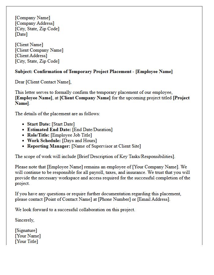 Temporary Project Client Placement Confirmation Letter