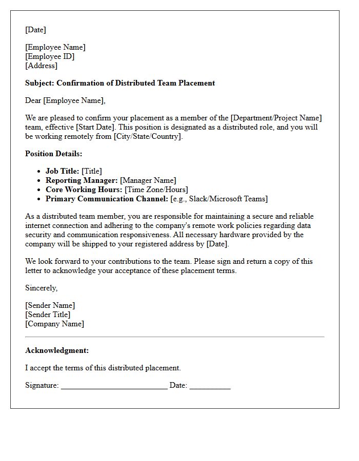 Distributed Team Member Placement Confirmation Letter