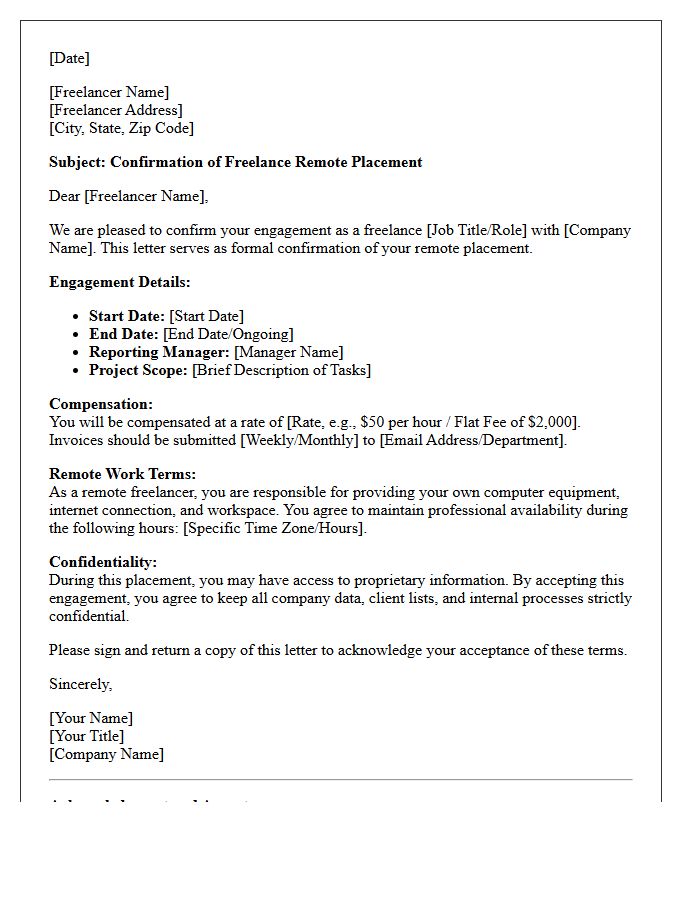 Freelance Remote Worker Placement Confirmation Letter