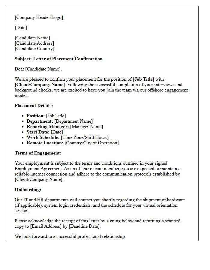 Offshore Candidate Placement Confirmation Letter