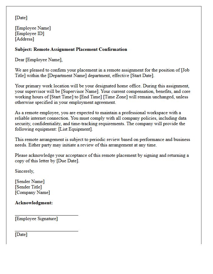 Remote Assignment Placement Confirmation Letter
