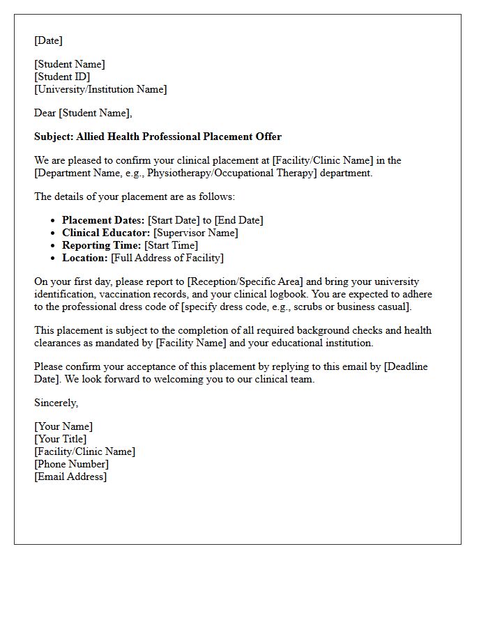Allied Health Professional Placement Letter