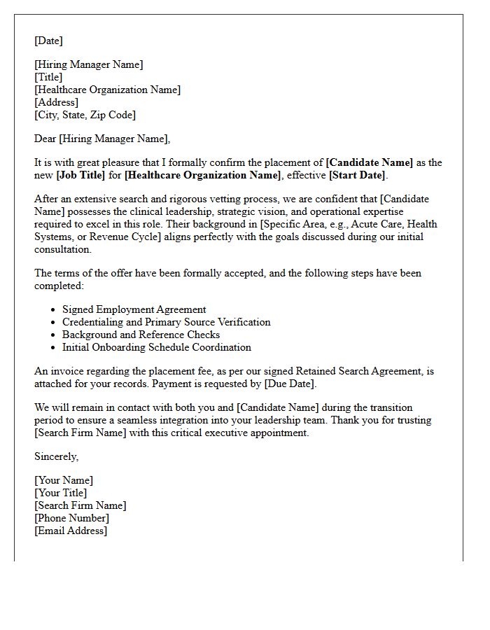 Healthcare Executive Search Placement Letter