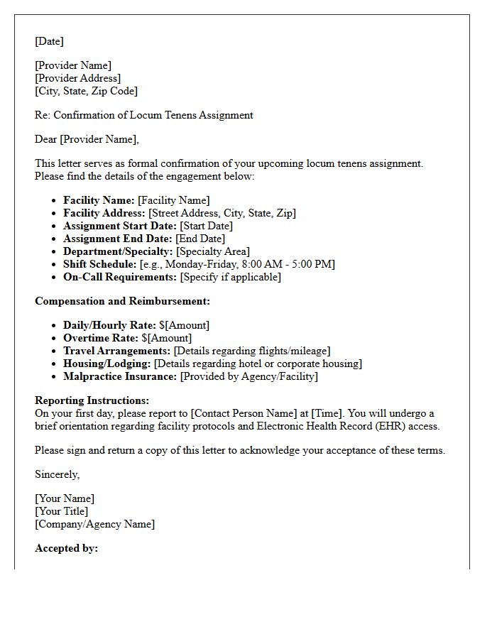 Locum Tenens Assignment Confirmation Letter