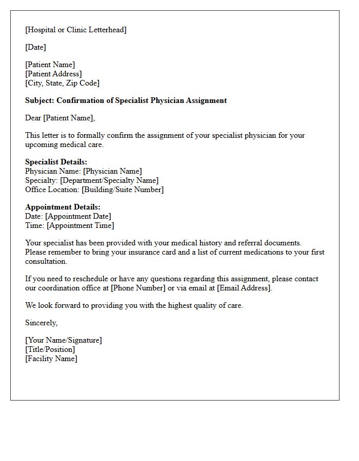 Specialist Physician Assignment Confirmation Letter