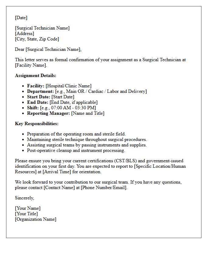 Surgical Technician Assignment Confirmation Letter