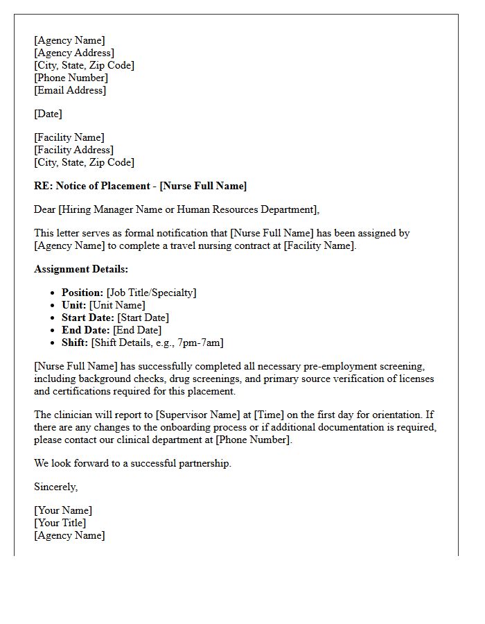 Travel Nurse Agency Placement Letter