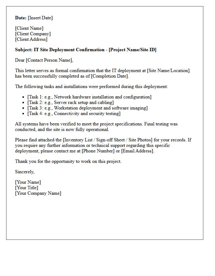 IT Contractor Site Deployment Confirmation Letter
