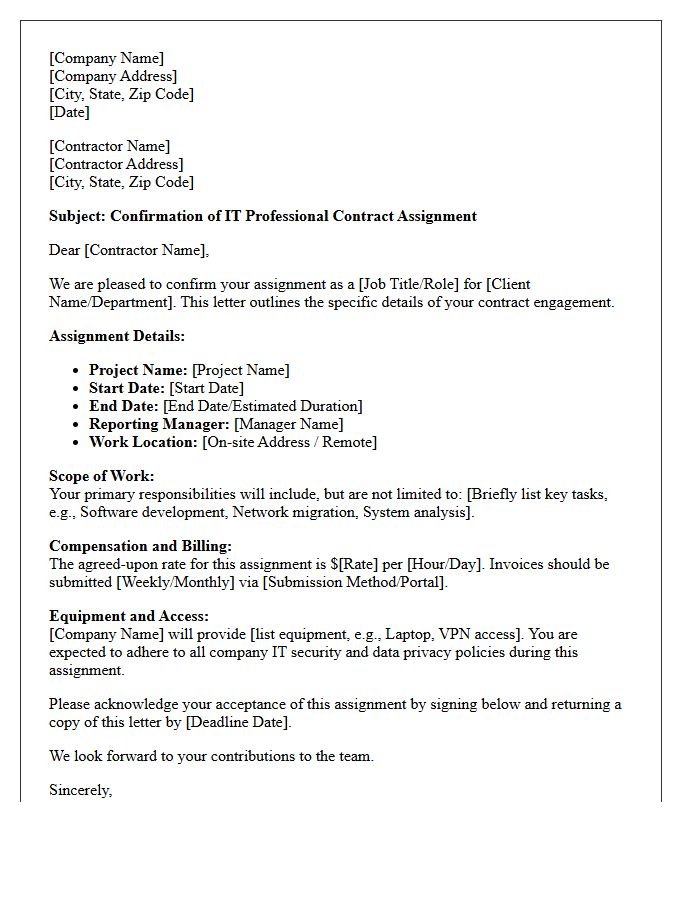 IT Professional Contract Assignment Confirmation Letter