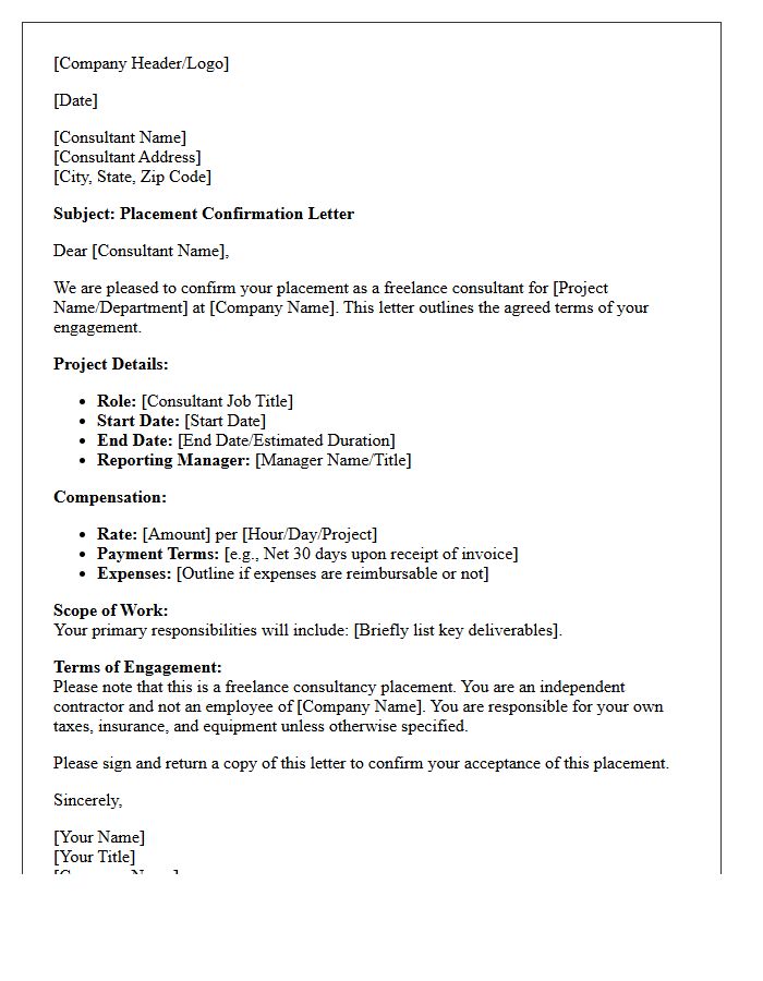 Freelance Consultant Placement Confirmation Letter