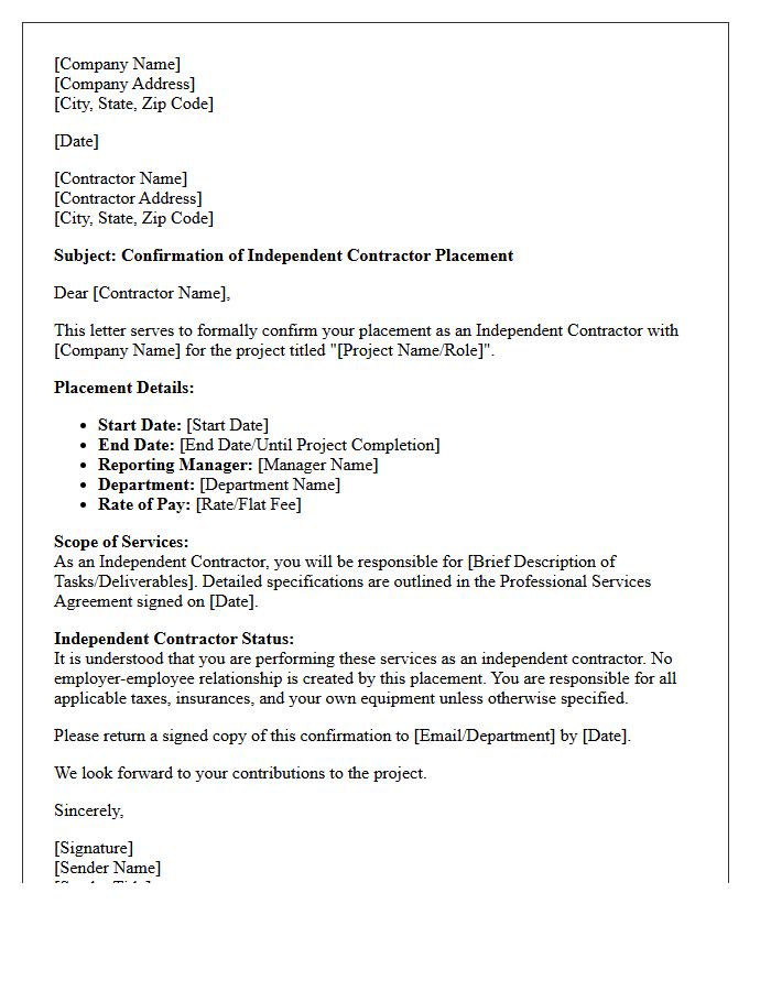 Independent Contractor Placement Confirmation Letter