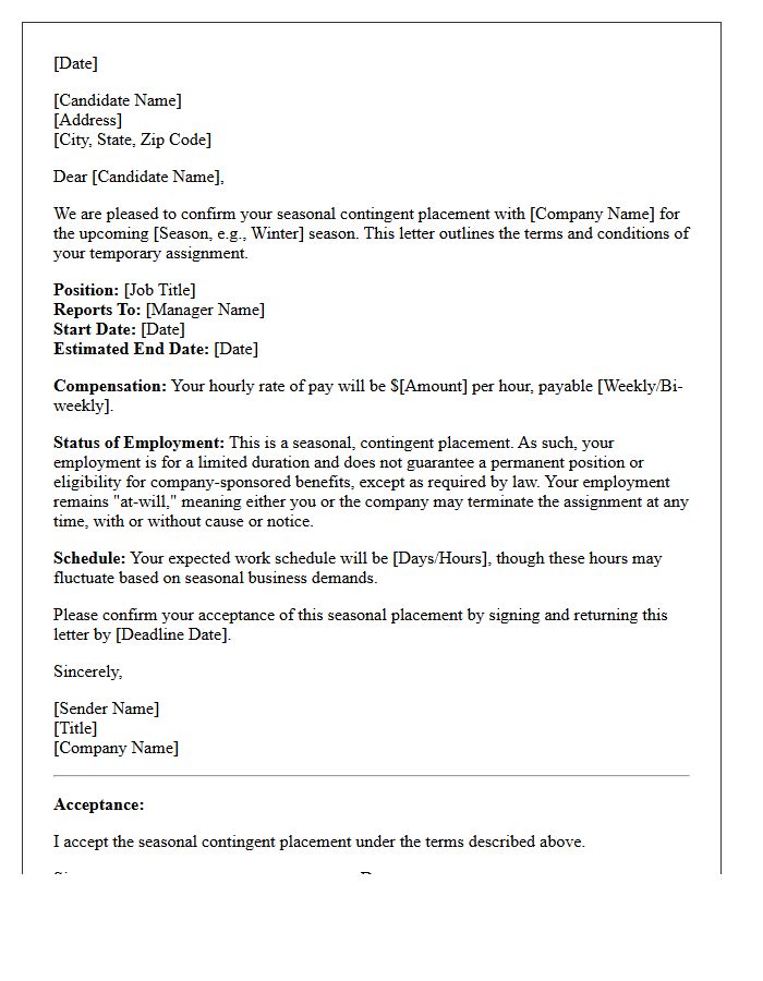Seasonal Contingent Placement Confirmation Letter