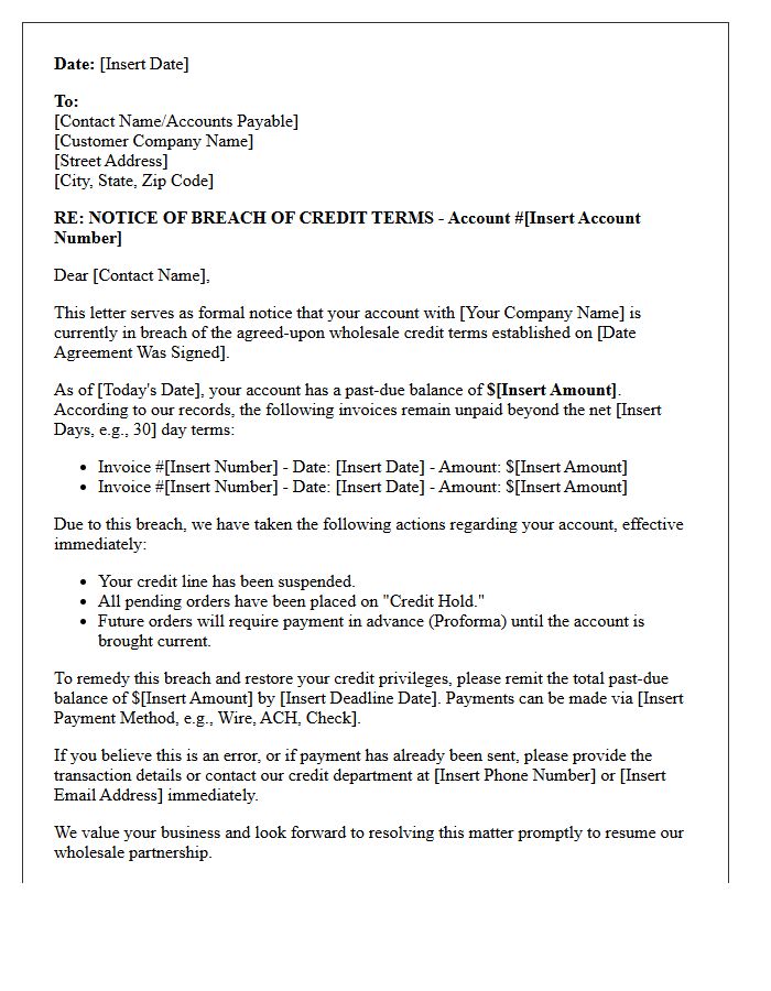 Breach of Wholesale Vendor Credit Terms Letter