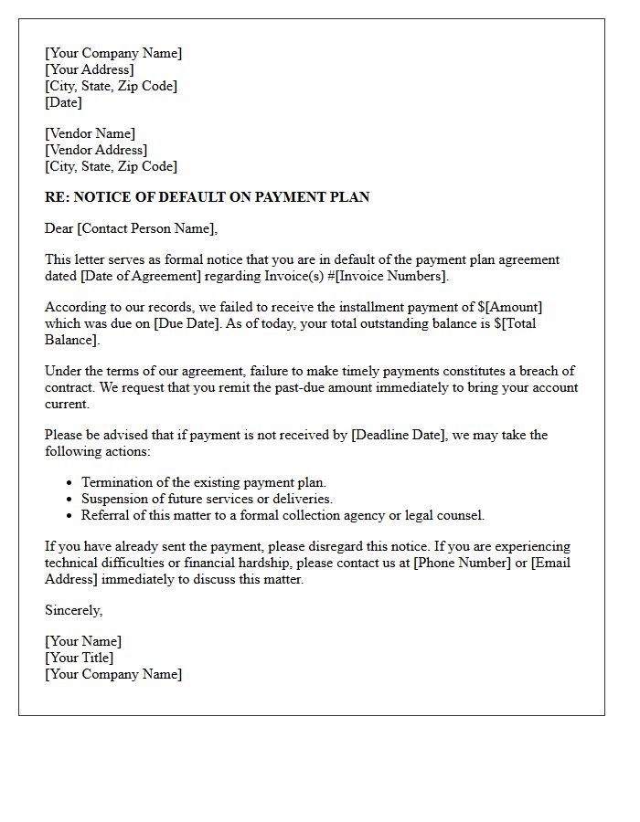 Notice of Default on Vendor Payment Plan Letter