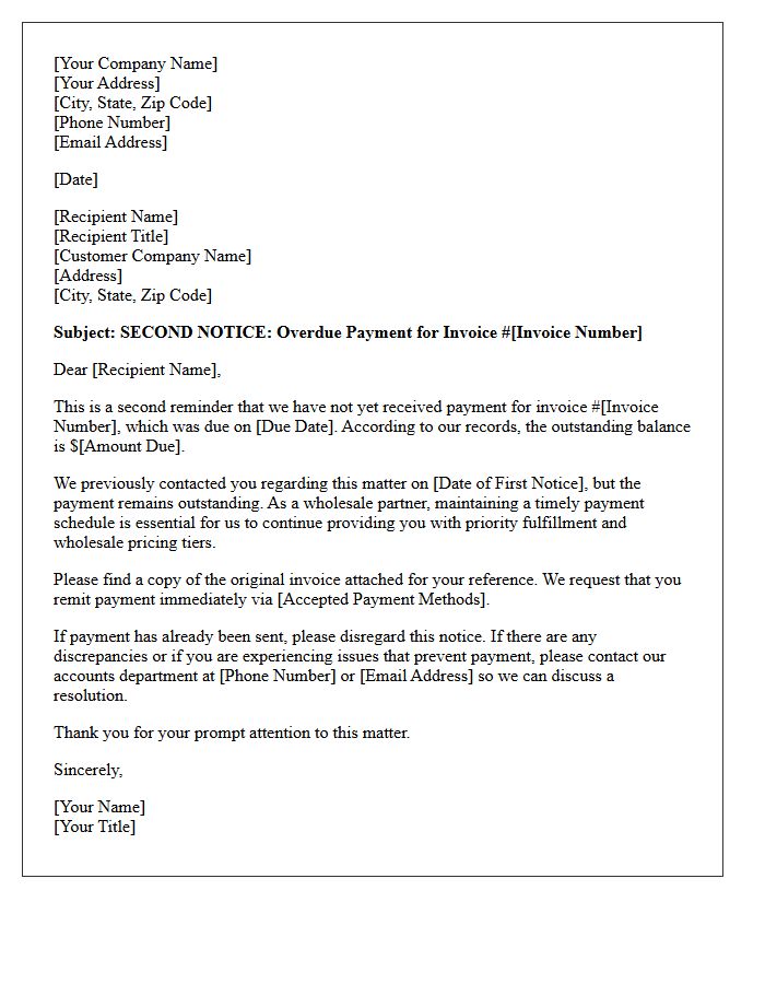 Second Notice of Overdue Wholesale Invoice Letter
