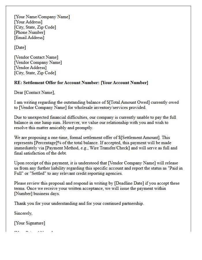 Wholesale Vendor Debt Settlement Offer Letter