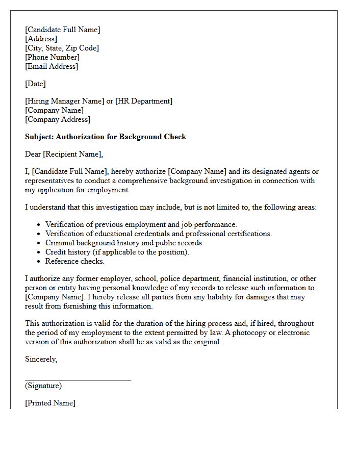 Candidate Background Check Authorization Letter