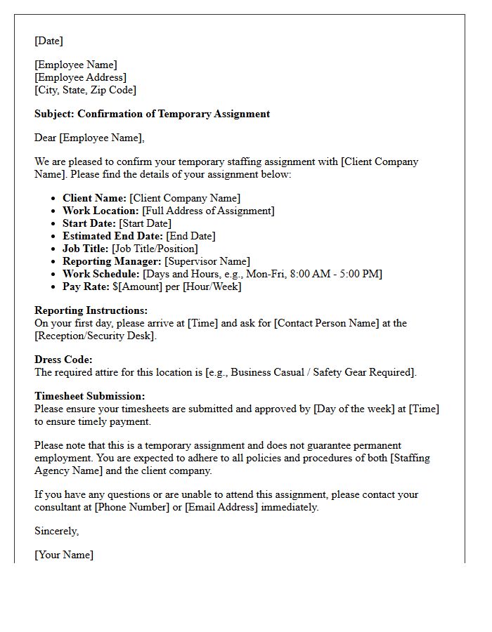 Temporary Staffing Assignment Confirmation Letter