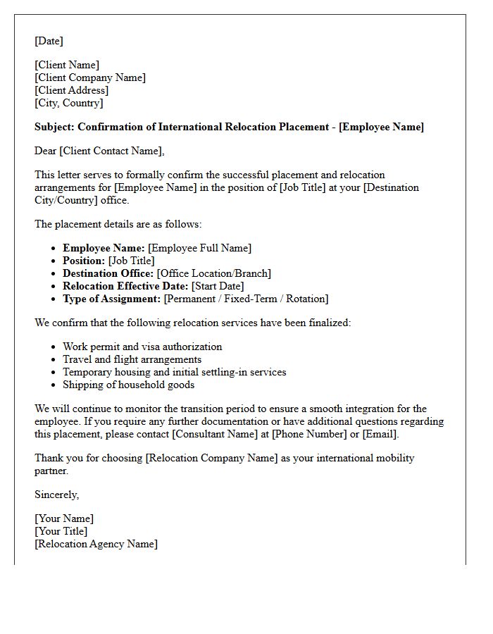 Client Employer International Relocation Placement Confirmation Letter