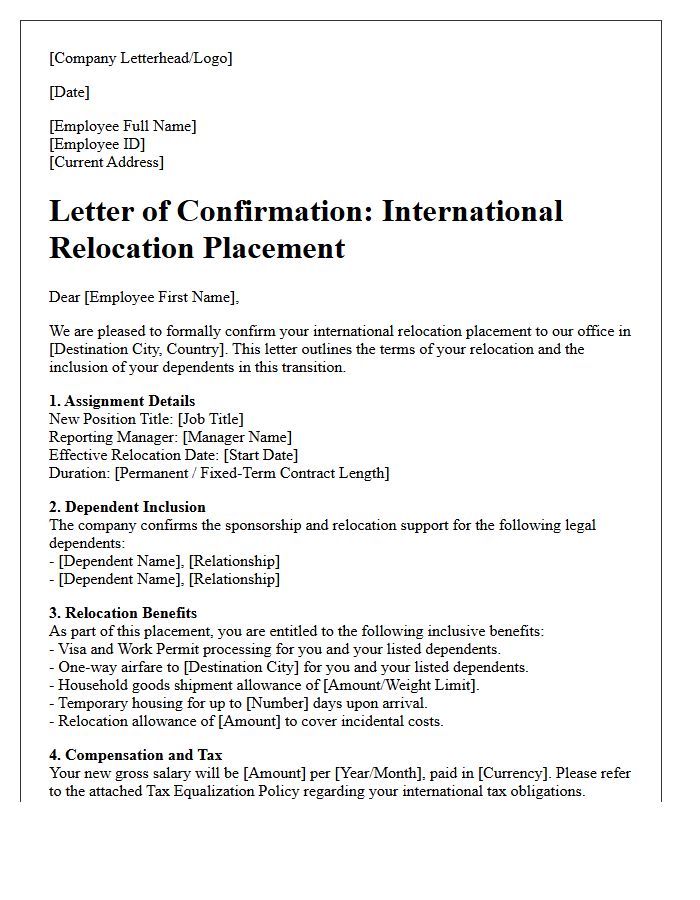 Dependent Inclusive International Relocation Placement Confirmation Letter