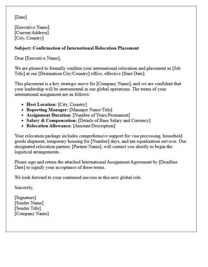 Executive International Relocation Placement Confirmation Letter