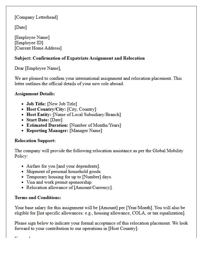 Expatriate Assignment Relocation Placement Confirmation Letter