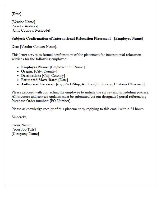 Logistics Vendor International Relocation Placement Confirmation Letter
