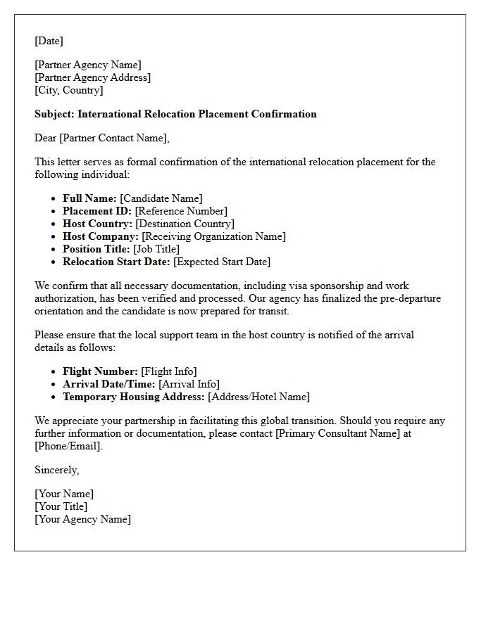 Partner Agency International Relocation Placement Confirmation Letter