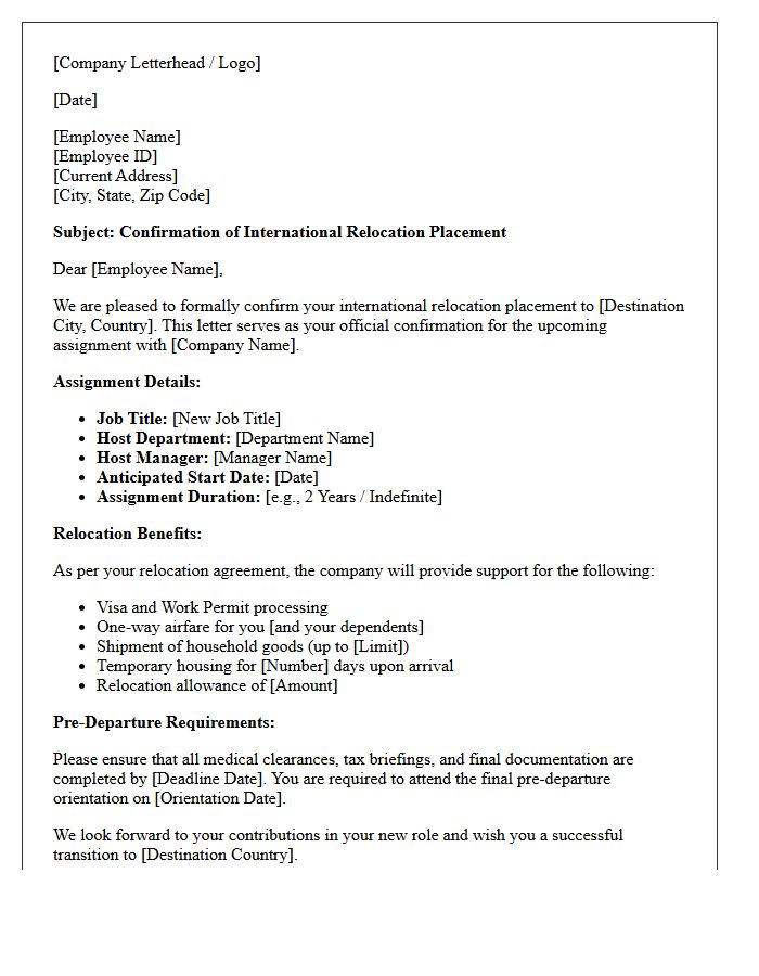 Pre-Departure International Relocation Placement Confirmation Letter