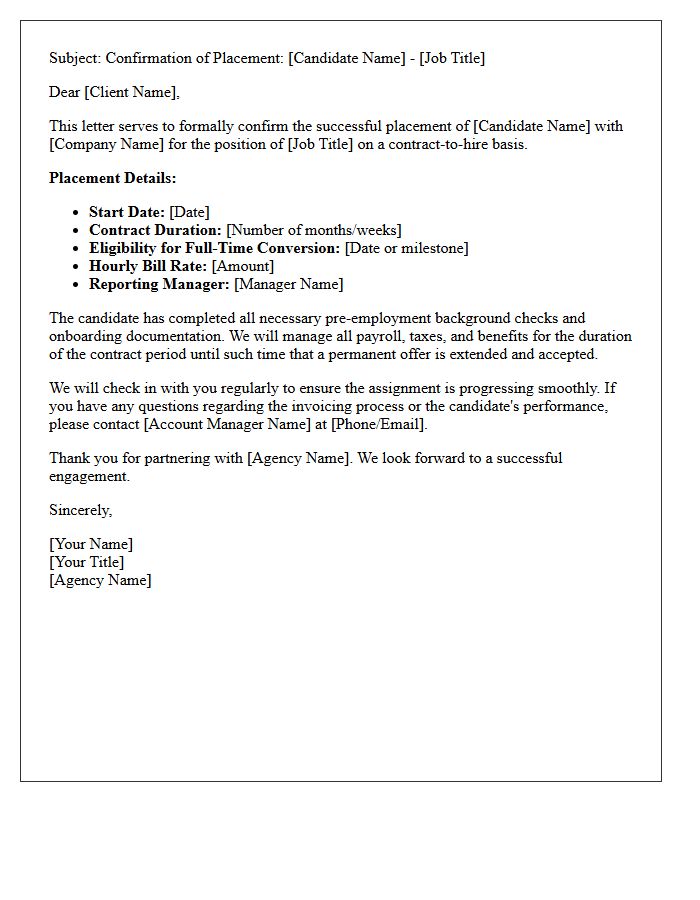 Contract-to-Hire Successful Placement Confirmation Letter