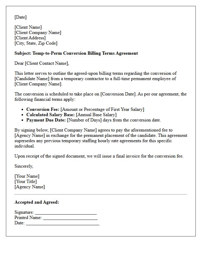Temp-to-Perm Conversion Billing Terms Agreement Letter