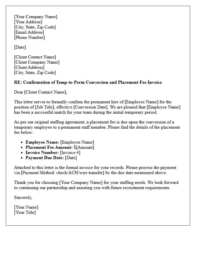 Temp-to-Perm Placement Fee Invoice Confirmation Letter