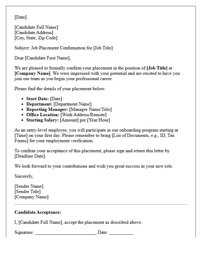 Entry-Level Candidate Job Placement Confirmation Letter