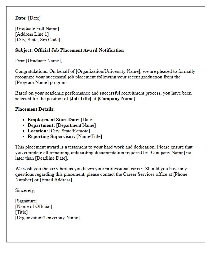 Recent Graduate Job Placement Official Award Letter