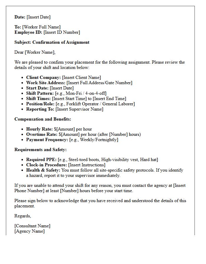Agency Placement Confirmation Letter For Blue-Collar Shift Workers