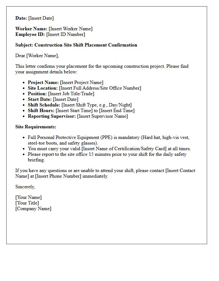 Construction Site Shift Worker Placement Confirmation Letter