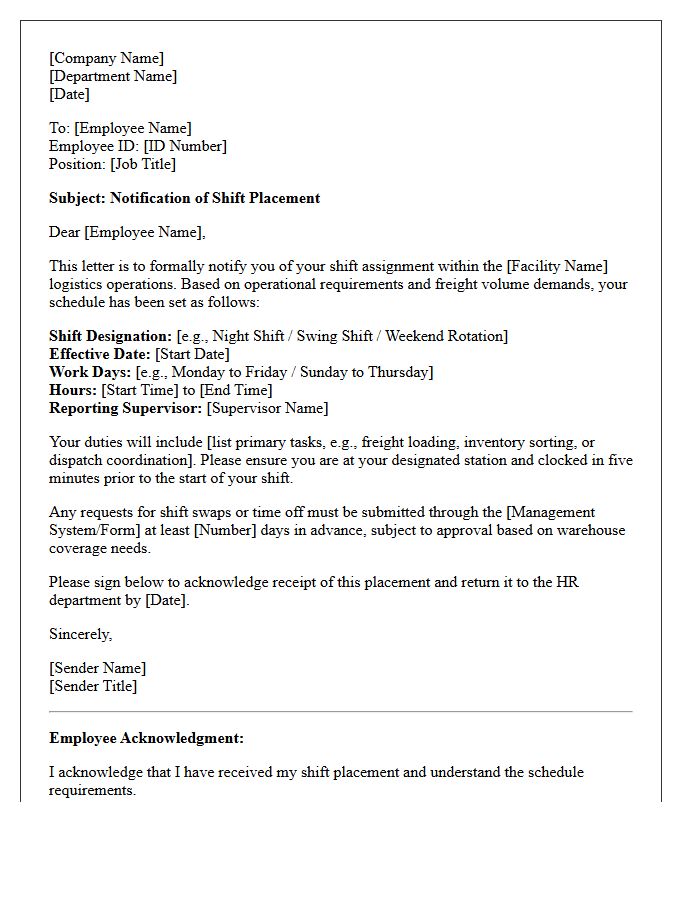 Logistics And Freight Shift Worker Placement Letter