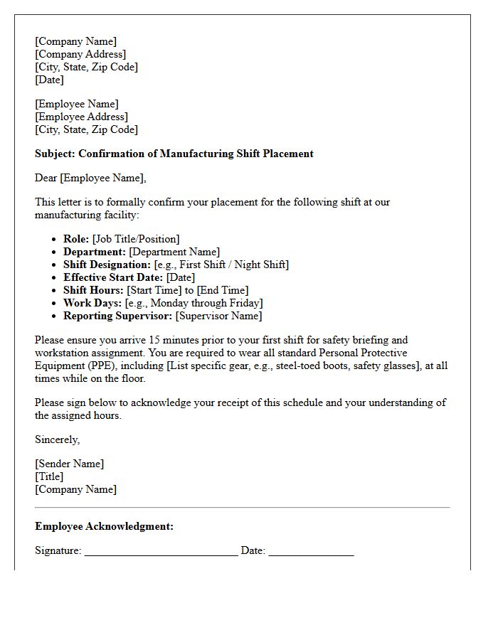Manufacturing Shift Worker Placement Confirmation Letter
