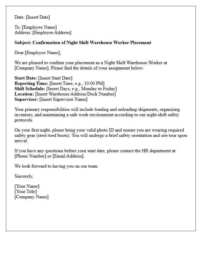 Night Shift Warehouse Worker Placement Confirmation Letter